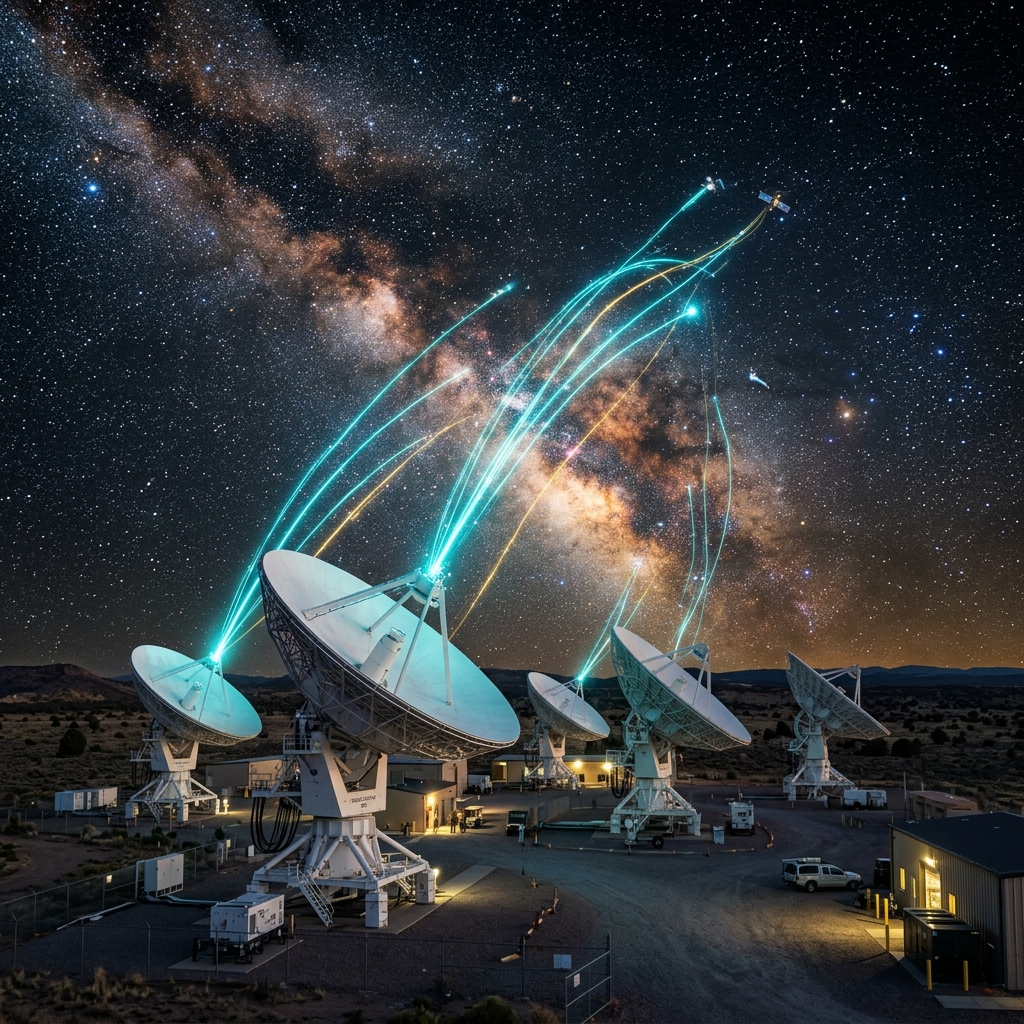 Secure SATCOM antenna array communicating under night sky